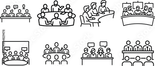 Business meeting and conference icons, showing teamwork and corporate discussion.