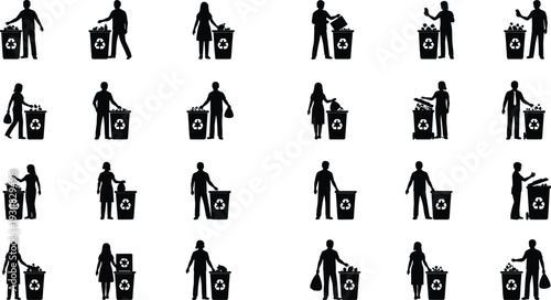 Black Vector Silhouette Collection of Diverse People Throwing Trash into Recycling Bins for Environmental Conservation Waste Management and Sustainability Concept Icons