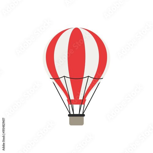 Whimsical hot air balloon icon with bold red and white stripes, ideal for travel applications, fun adventures, and atmospheric journeys