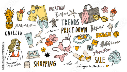 南国ビーチリゾート、プールを楽しむ水着やファッションの線画の手書きベクターイラスト素材セット Tropical Beach Resort: Hand-Drawn Vector Illustration Set Featuring Swimwear and Fashion.