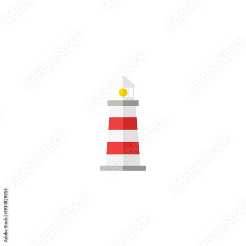 Clean and modern flat design illustration of a vibrant red and white striped lighthouse icon, symbolizing navigation, safety, and coastal travel for guiding journeys