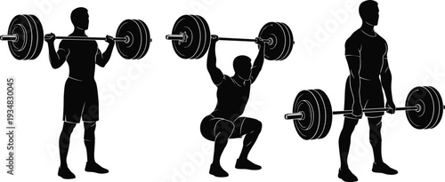 Black vector silhouettes of male weightlifters performing barbell exercises, squats, overhead press and deadlifts isolated on a white background, fitness.