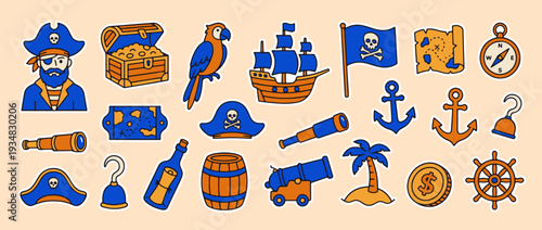 Ahoy, Matey's Treasure Trove: A collection of vibrant pirate illustrations set against a warm, sandy background, ready to set sail and seek adventure!  