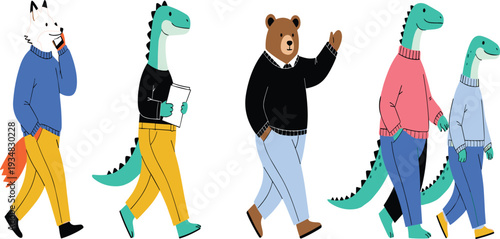 Cute Animal Characters Walking in Modern Clothes Collection Featuring Bear, Fox, and Dinosaur for Fashion Illustration, Lifestyle Design, and Cartoon Vector Set