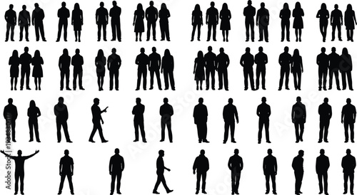 Black vector silhouettes of people, diverse groups, men and women standing, walking and posing in rows, isolated on white background.