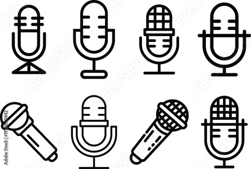Collection of diverse microphone icons for recording, broadcasting, and music