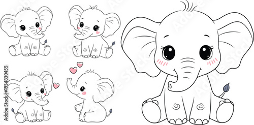 Cute Baby Elephant Cartoon Vector Set with Adorable Kawaii Animal Characters, Sweet Expressions, and Nursery Illustration Design