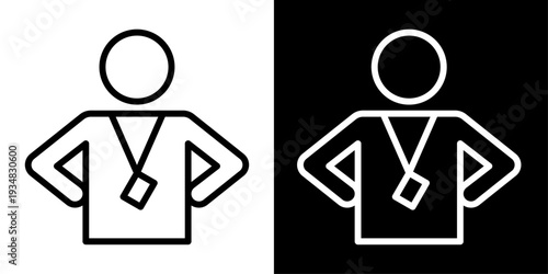 Personal trainer icon in outline style showing fitness coach with dumbbell representing gym training, workout guidance, bodybuilding and fitness coaching.