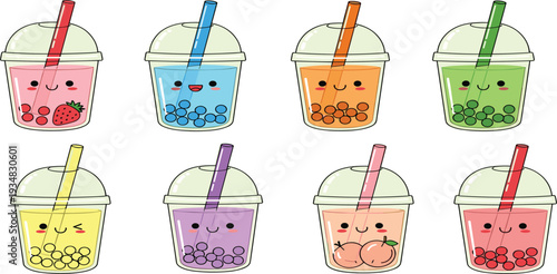 Cute Bubble Tea Drink Collection with Kawaii Boba Milk Tea Cups in Different Flavors for Cafe Menu Stickers and Vector Illustration