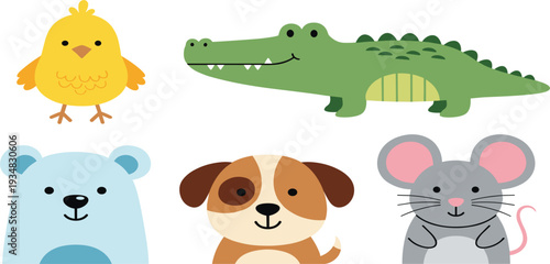 Cute Cartoon Animal Face Set with Chick, Crocodile, Bear, Dog and Mouse for Kids Illustration, Nursery Design, Stickers, and Adorable Vector Collection