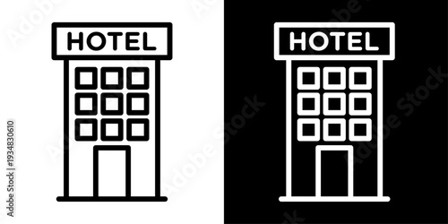 Hotel icon representing hospitality services, accommodation building, travel lodging, guest rooms, tourism stay and vacation facilities.