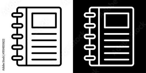 Notebook icon in outline style representing notes, study, school supplies, journaling and document writing for education apps, office tools and UI design.