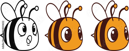 Cute Cartoon Bee Character Vector Set with Outline and Colored Versions for Kids Illustration, Mascot Design, Stickers, Educational Materials, and Branding Graphics
