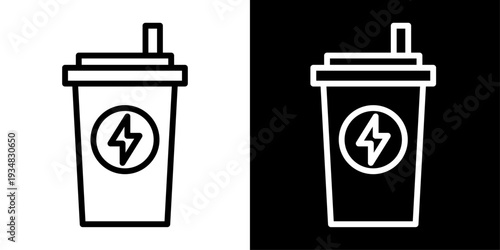 Protein shake icon in outline style showing a shaker bottle with lightning symbol representing fitness nutrition, energy drink, gym supplement and healthy lifestyle.