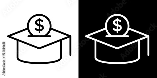 Scholarship icon featuring graduation cap with dollar symbol representing education funding, student financial aid, tuition support and academic grants.