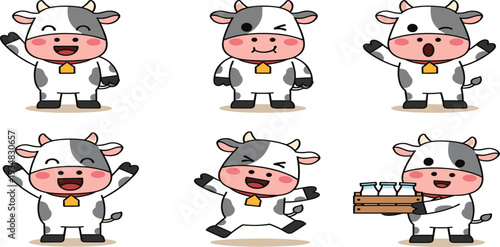 Cute Cartoon Cow Character Set with Different Emotions and Poses for Farm Mascot Dairy Product Branding Kids Illustration and Vector Design