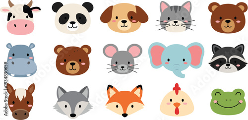 Cute Cartoon Farm and Wild Animal Faces Set Including Cow, Panda, Cat, Bear, Fox, Elephant, Frog and More Vector Illustration Collection