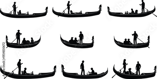 Black vector silhouettes of Venetian gondolas with gondoliers and tourists, traditional Italian boats set isolated on white background, Venice travel.