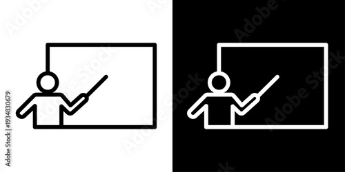 Teacher icon with instructor presenting on board in outline style representing classroom teaching, online learning, training session and education UI.