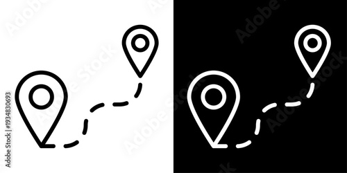 Modern travel map icon in outline style featuring route path with location pins. Clean minimal symbol for navigation, trip planning and tourism UI design.