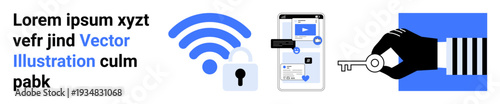 Data privacy, digital security, online safety, encryption, wireless internet, hacking prevention. wireless symbol with a lock, phone with apps and a hand holding a key. Data privacy and digital