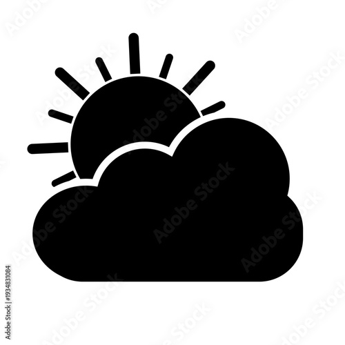 Solid Black Sun and Cloud Silhouette Icon for Weather Forecast UI