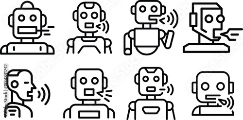 Icons of robots and human faces communicating, symbolizing AI and future interaction