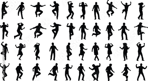 Large set of black vector silhouettes of dancing people, happy men and women in motion, joyful crowd icons for design