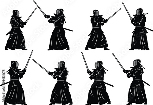Black vector silhouettes of Kendo fighters, Japanese martial arts warriors with bamboo swords in combat poses, isolated on white background.