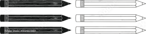 Set of black and white pencil vector illustrations, wooden graphite pencils with erasers, school supplies icons, and stationery elements for design
