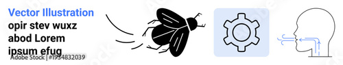 Fly in motion, airflow lines near a human head, gear symbol for process representation. Ideal for biology, mechanics, science, innovation, automation, research simple landing page