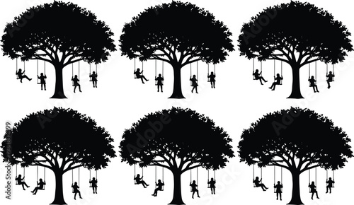 Set of black vector silhouettes of children playing on swings under a large leafy tree, happy childhood outdoor park activities