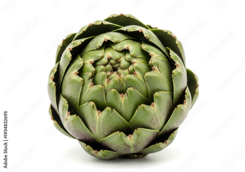 Fototapeta premium One fresh green vegetable featuring tightly packed layered leaves is centered against a white background.