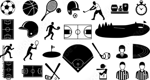 A versatile collection of sports and athletic event icons depicting various equipment, playing fields, and personnel, useful for graphic design projects, web development, and educational