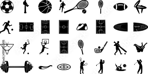 A versatile collection of sports and athletic event icons depicting various equipment, playing fields, and personnel, useful for graphic design projects, web development, and educational