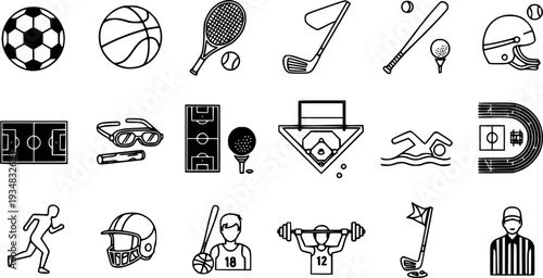 A versatile collection of sports and athletic event icons depicting various equipment, playing fields, and personnel, useful for graphic design projects, web development, and educational