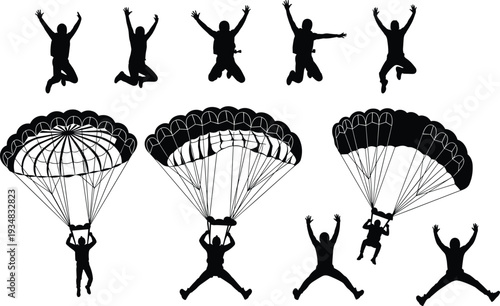 Set of black vector skydiver silhouettes, people jumping in freefall, parachutist icons, extreme sports skydiving elements, and paragliding for design