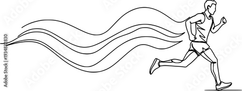 Continuous line drawing of a person running with a wavy trail