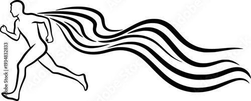 Continuous line drawing of a person running with a wavy trail