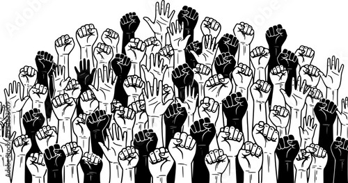 Numerous raised hands and clenched fists symbolize powerful human unity and a collective call for action