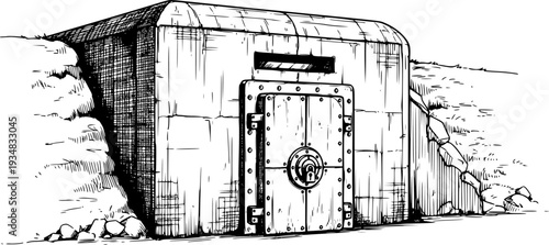 Durable concrete bunker structure with a heavy entrance door, depicted in a monochrome sketch style