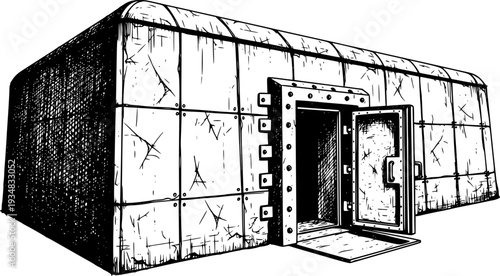 Durable concrete bunker structure with a heavy entrance door, depicted in a monochrome sketch style