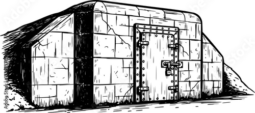 Durable concrete bunker structure with a heavy entrance door, depicted in a monochrome sketch style