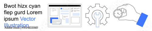 Web development, time tracking, UI design, settings, productivity, technology. A digital interface, a gear with a wrench and a clock symbol. Web development and time tracking