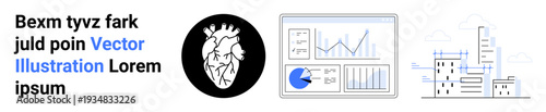 Anatomical heart on black circle, analytics dashboard with charts, urban skyline with buildings and clouds. Ideal for health tech, urban planning, data visualization, posters, infographics, medical