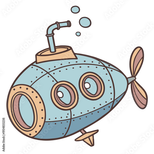 Adorable light blue cartoon submarine floating upward with bubbles for underwater exploration themes
