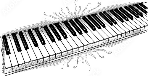 A classic handdrawn black and white illustration of a piano keyboard providing an evocative visual for music education