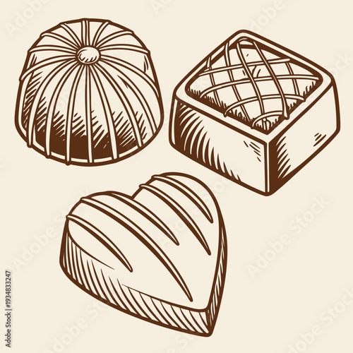 Elegant hand-drawn chocolate bonbons collection: dome, heart, and square truffles for vintage dessert branding