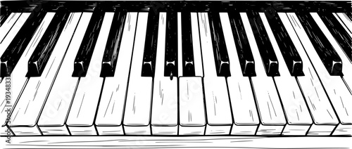 A classic handdrawn black and white illustration of a piano keyboard providing an evocative visual for music education