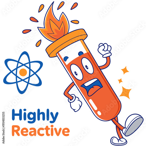 Reactive cartoon test tube character with flame eruption running frantically with atom symbol for chemistry concept